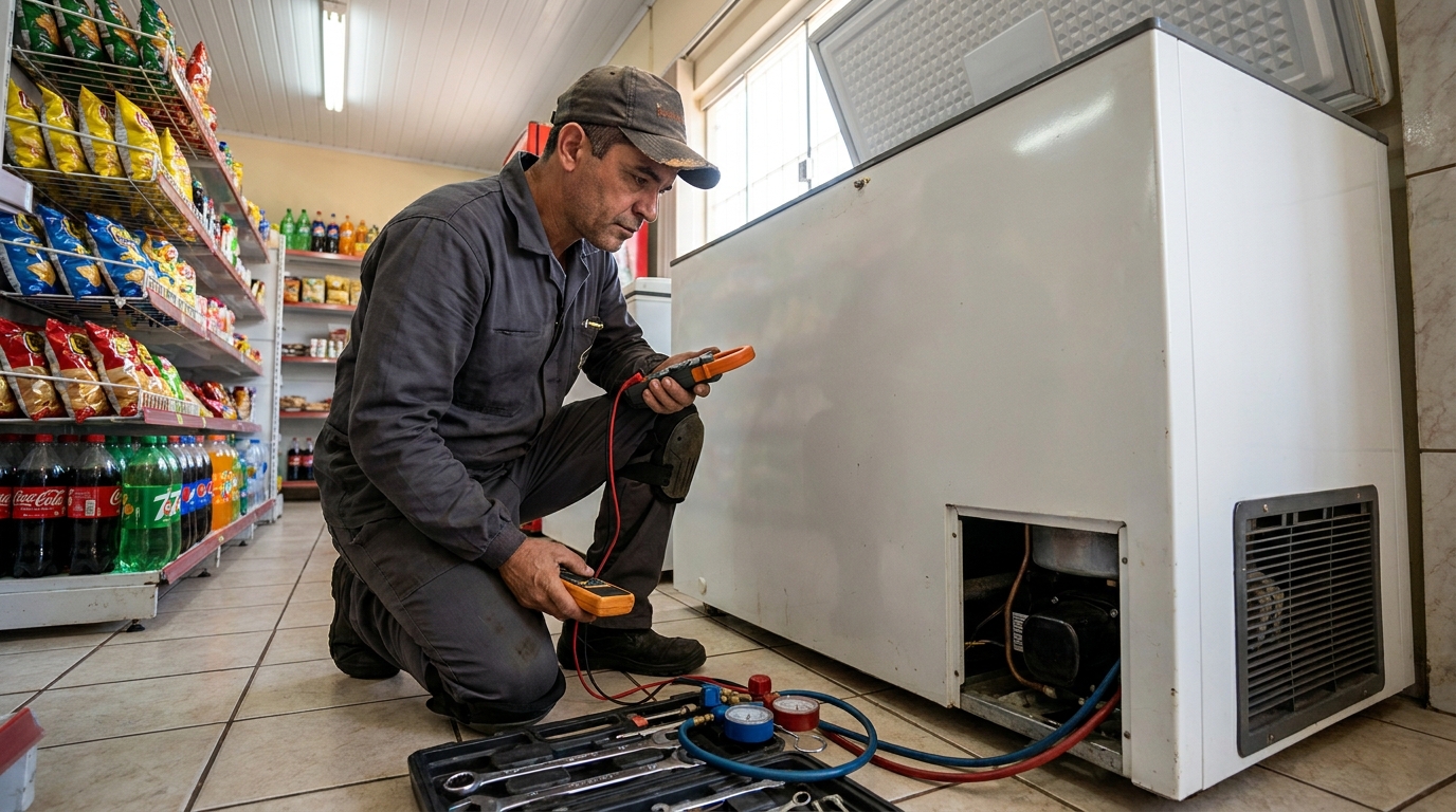 Reparo da placa eletrônica de um freezer em atendimento em Franca‑SP