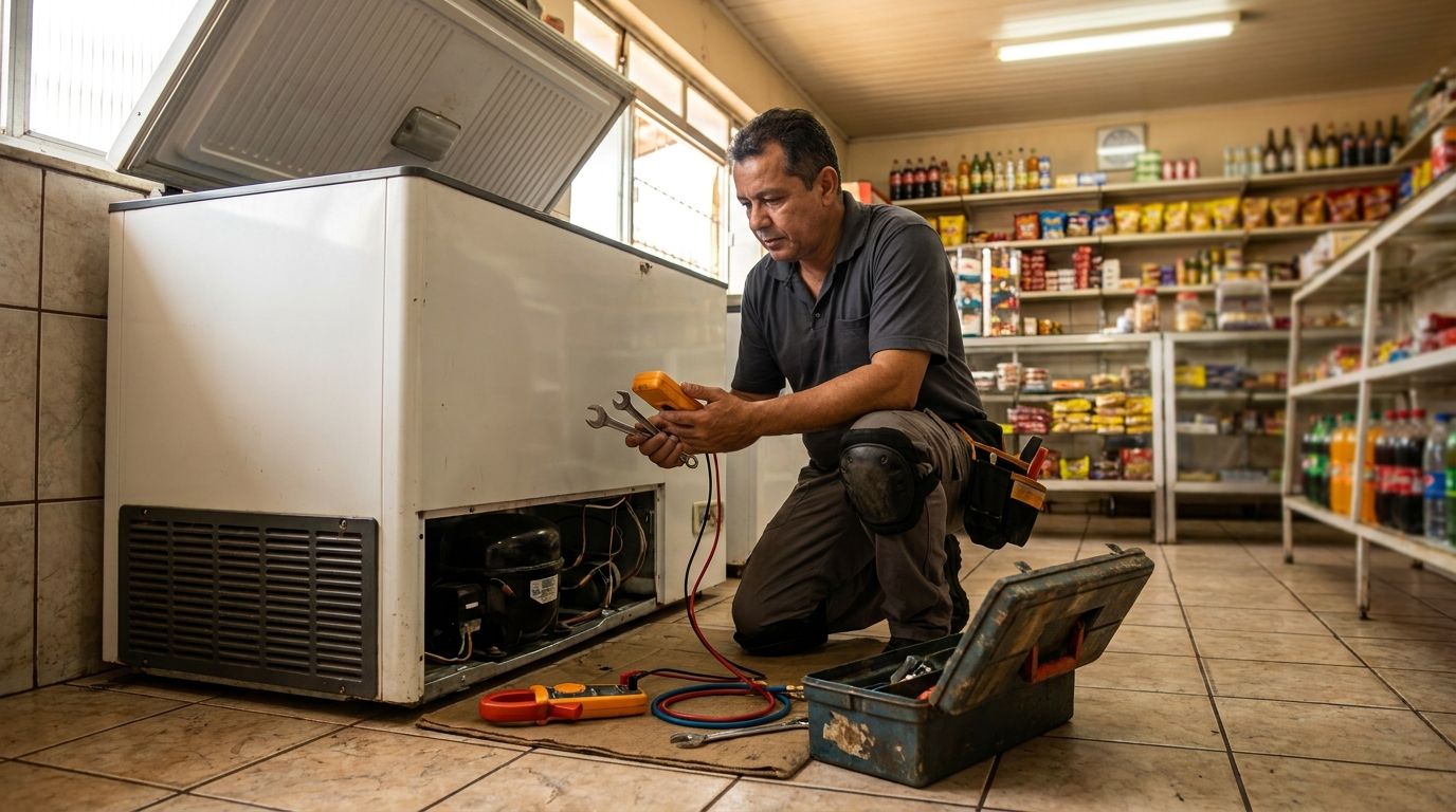 Técnico reparando o motor de um freezer horizontal em Franca‑SP