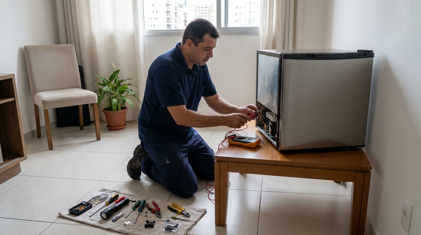 Técnico revisando o motor de um frigobar em Franca‑SP